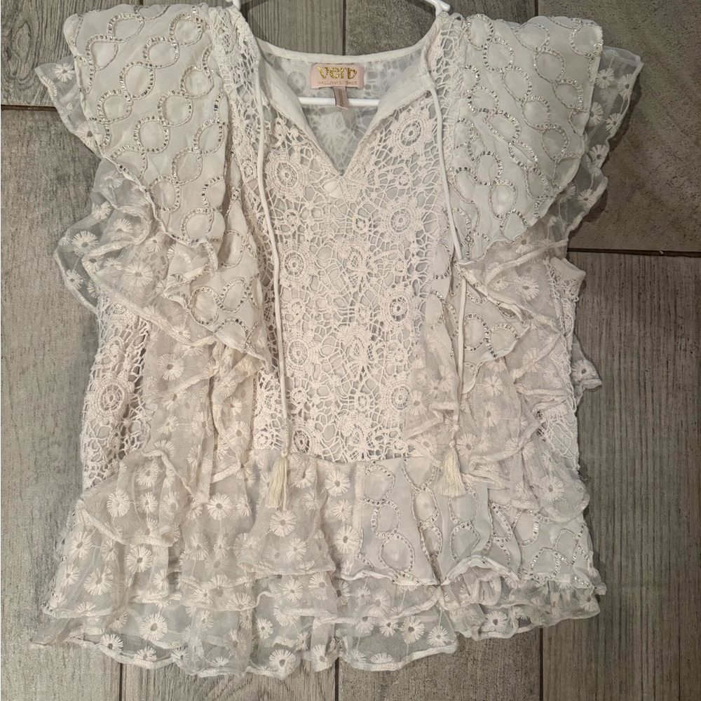 Anthropologie White Lace Ruffle Top